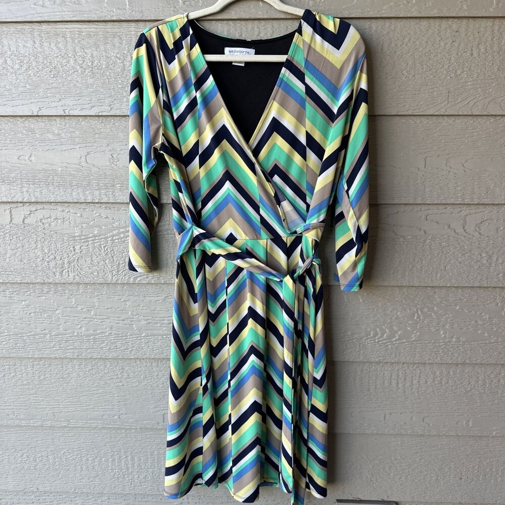 Liz Claiborne Womens Large Surplice V-Neck Faux Wrap Dress Chevron Indie Sleaze